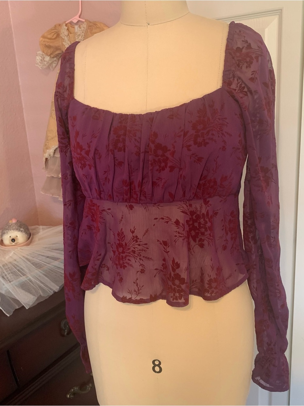 FOREVER 21 Purple Velvet Burnout Long-Sleeve Sheer Crop Top NWT